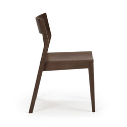 Modern wooden dining chair with sleek design and dark brown finish, viewed from the side.
