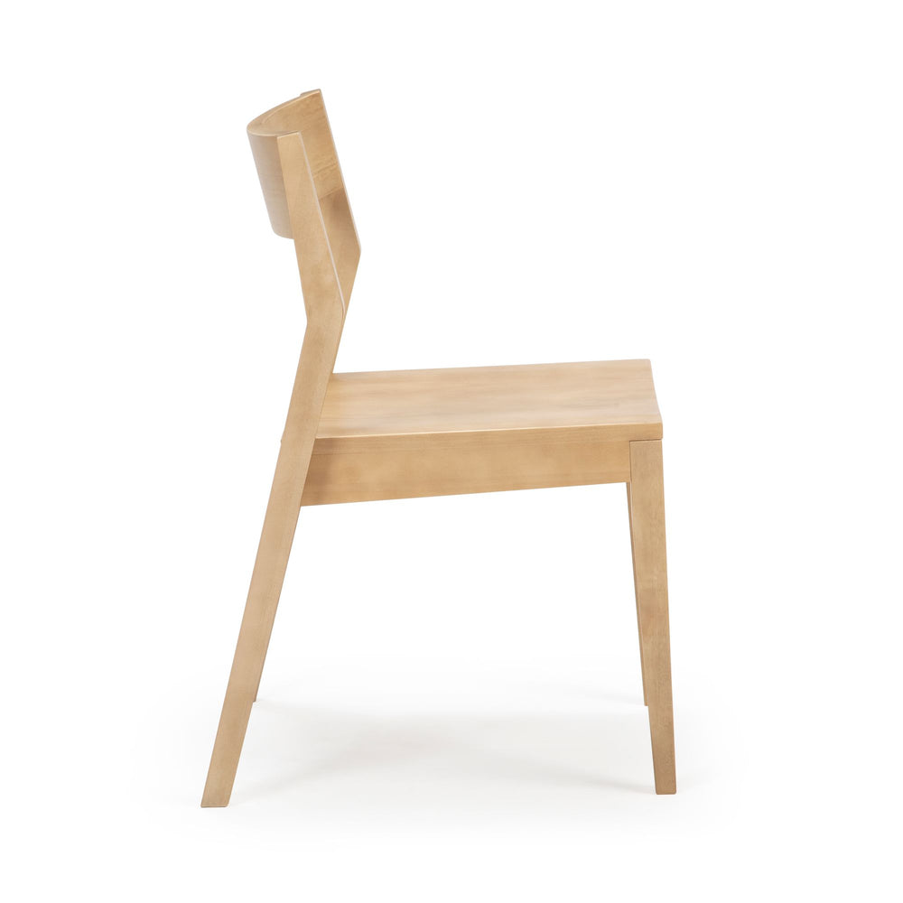 Side view of a minimalist wooden chair with a natural finish, perfect for modern home decor.