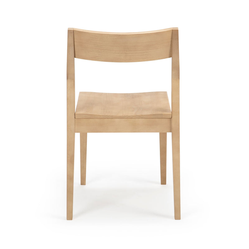 Modern wooden chair with minimalist design viewed from the back, perfect for dining or office spaces.