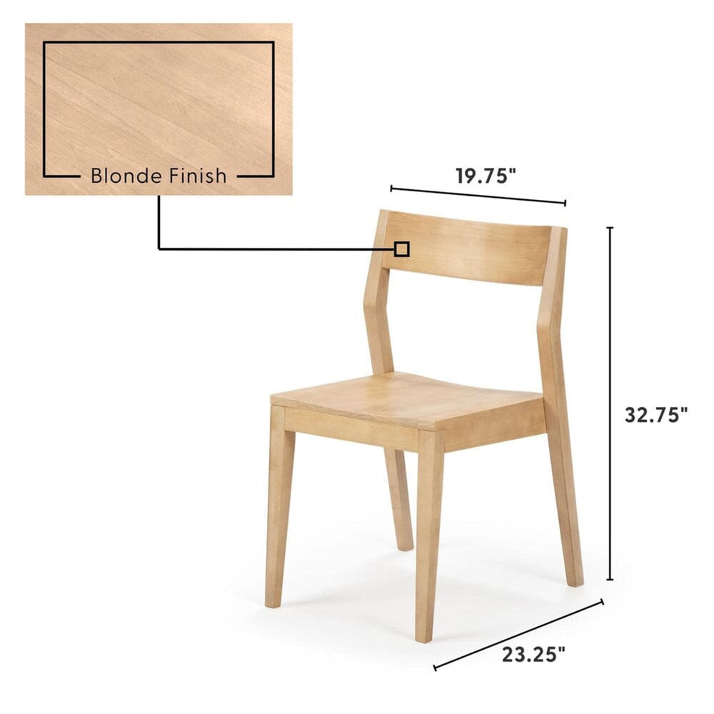 Modern wooden dining chair with blonde finish, dimensions 32.75 inches height, 23.25 inches depth, and 19.75 inches width.