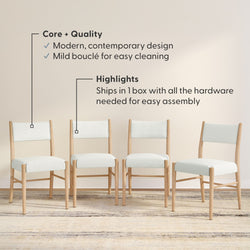 Set of 4 modern dining chairs with light wood frames and white bouclé upholstery — contemporary design, easy-clean fabric, ships in one box with hardware for simple assembly