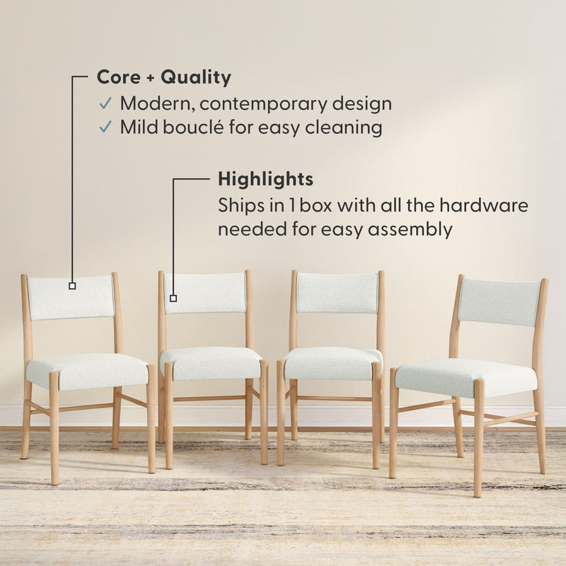 Set of 4 modern dining chairs with light wood frames and white bouclé upholstery — contemporary design, easy-clean fabric, ships in one box with hardware for simple assembly