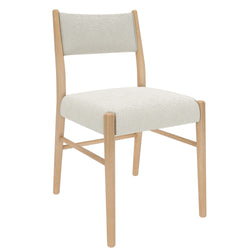 Modern Scandinavian armless dining chair with light oak wood frame and cream boucle upholstered seat and back
