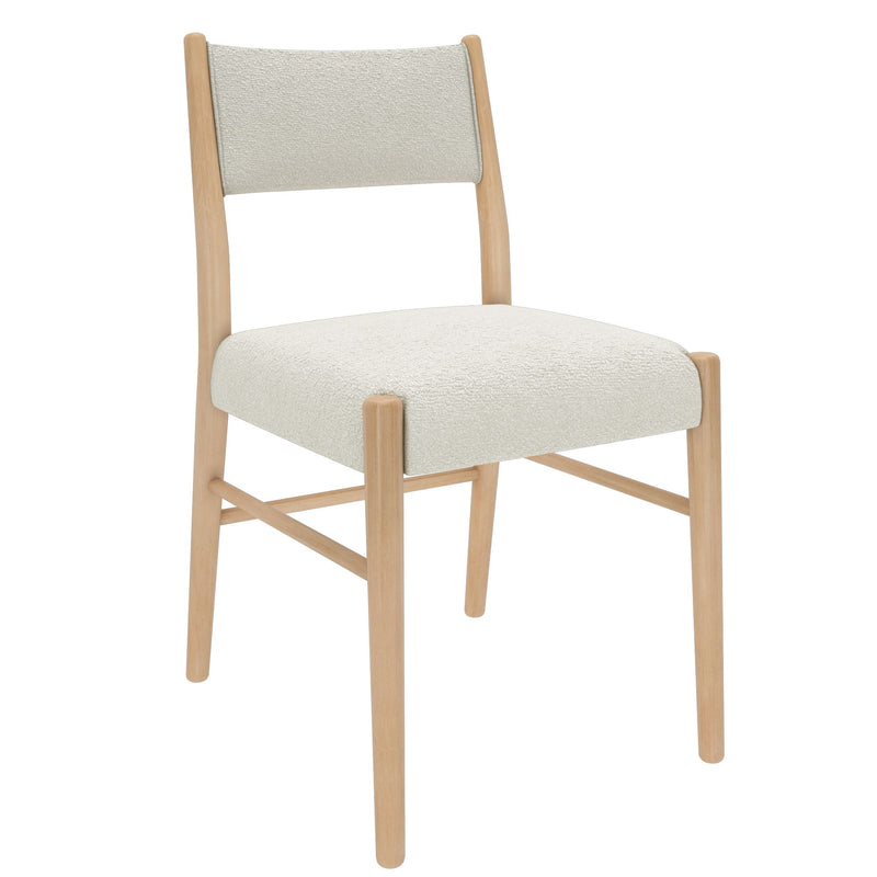 Modern Scandinavian armless dining chair with light oak wood frame and cream boucle upholstered seat and back