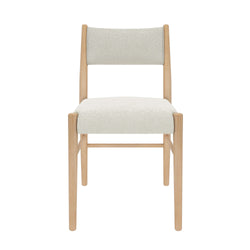 Front view modern armless dining chair with white boucle upholstery and light natural wood frame, Scandinavian mid-century style