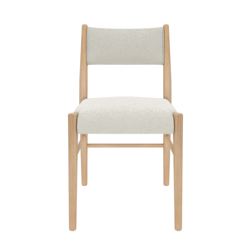 Front view modern armless dining chair with white boucle upholstery and light natural wood frame, Scandinavian mid-century style