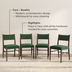 Modern green chairs with mild bouclé fabric and easy assembly, showcasing contemporary design and convenient shipping.