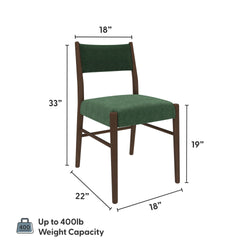 Mid-century modern green upholstered dining chair with dark wood frame, dimensioned at 33 inches high, 22 inches deep, 18 inches wide, seat height 19 inches, and a 400-pound weight capacity.