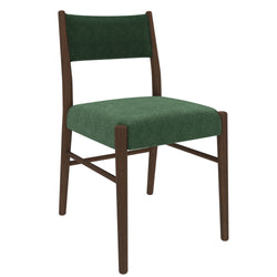 Green upholstered dining chair with dark wooden frame.