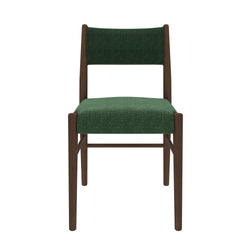 Mid-century modern wooden chair with green upholstery, featuring a minimalist design ideal for dining or living room settings.