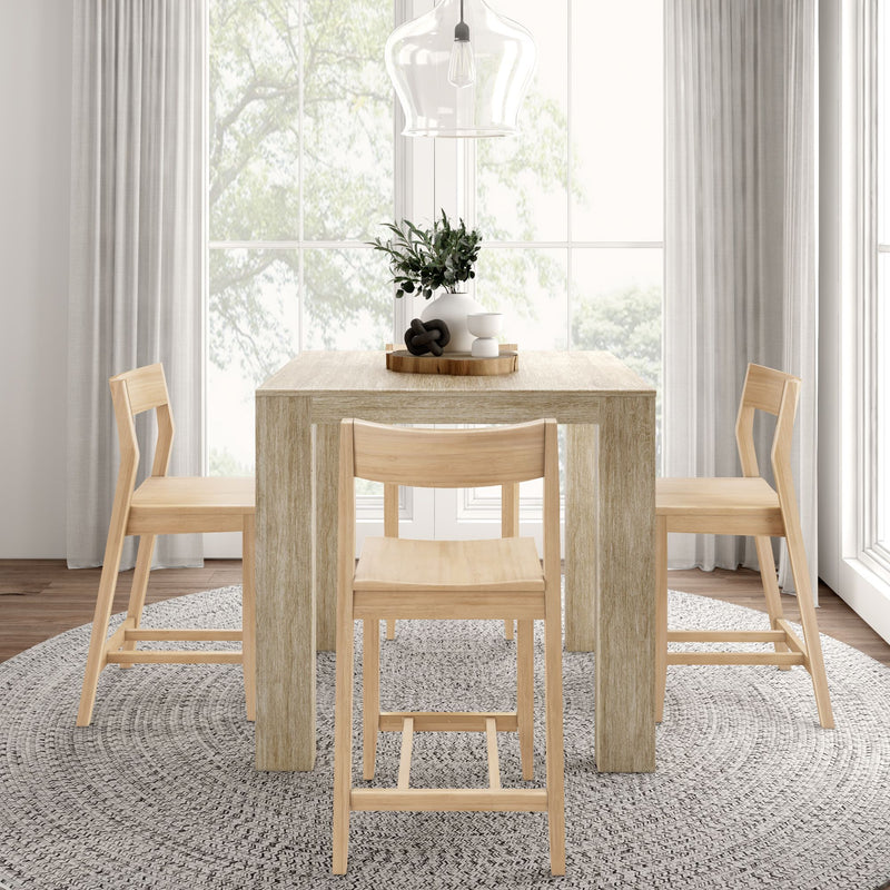 Modern dining room with minimalist wooden table and chairs, large windows with light curtains, and decorative plant centerpiece.