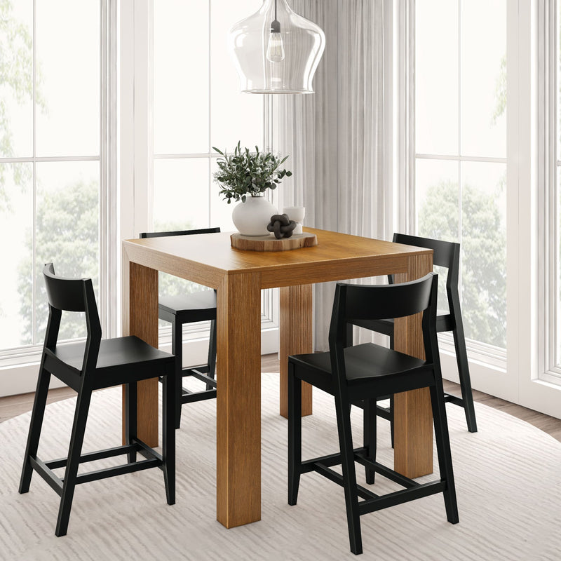 Modern dining room with wooden table, black chairs, and large windows.