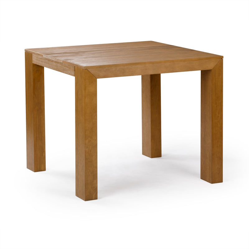 Square wooden dining table with a modern design on a white background.