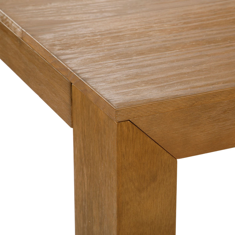 Close-up of a wooden table corner with natural grain texture, showcasing durable and stylish furniture design.