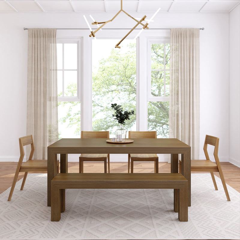 Minimalist dining room with a modern wooden table, chairs, and geometric chandelier.