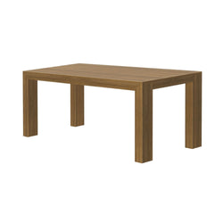 Wooden dining table with a modern rectangular design and sturdy legs.
