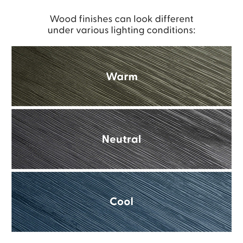Three horizontal wood finish samples labeled "Warm," "Neutral," and "Cool" showing wood grain texture and how different lighting conditions change wood stain color and appearance