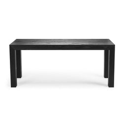 Modern black solid wood rectangular dining table with chunky square legs and minimalist design on a white background