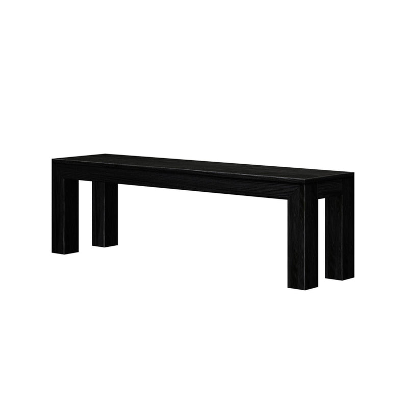 Long modern black wooden bench with thick square legs on white background