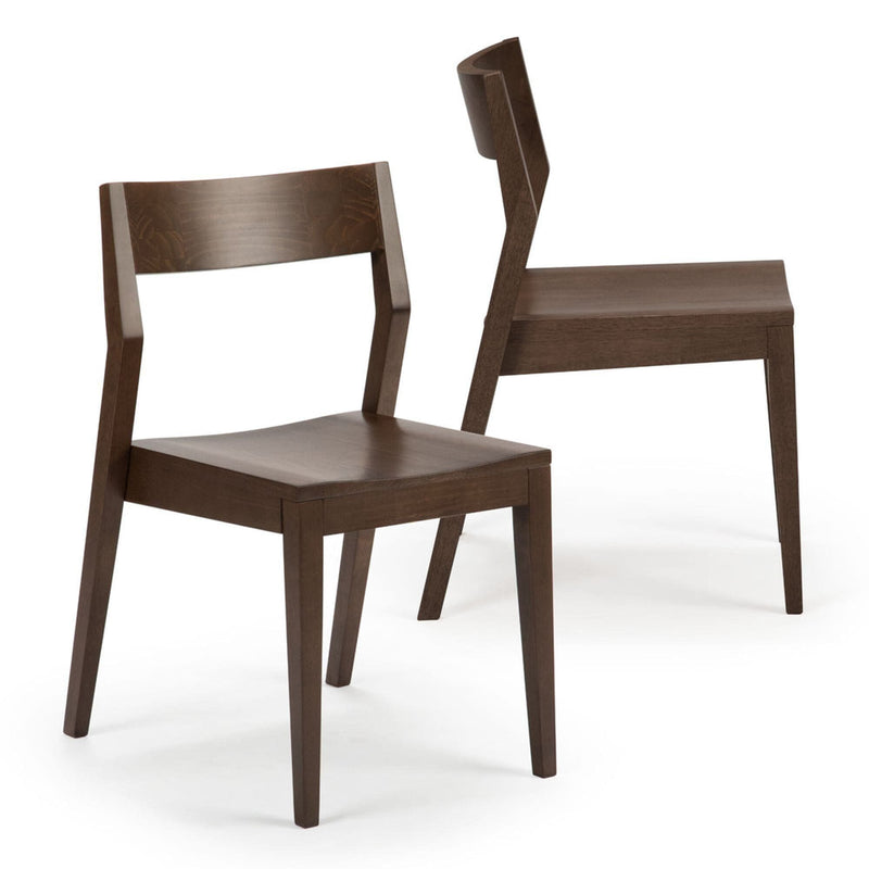 Pair of modern dark brown solid wood dining chairs with angled legs and curved backrests — minimalist kitchen and dining room seating