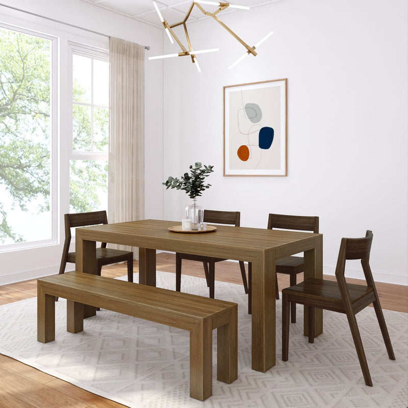 Modern Dining Set with Bench + 4 Chairs Dining Set Plank+Beam Pecan Wirebrush Walnut 
