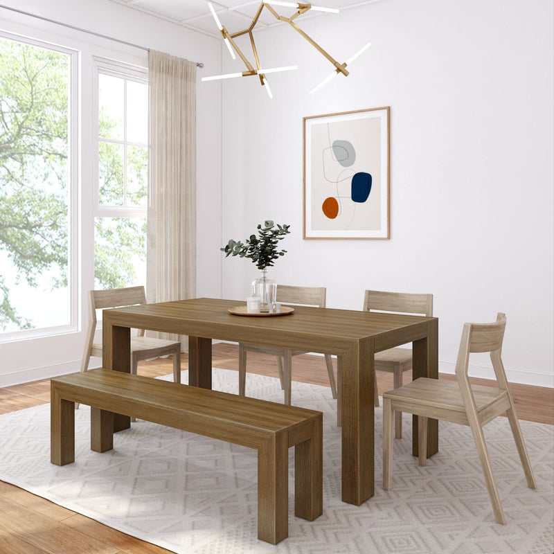 Modern Dining Set with Bench + 4 Chairs Dining Set Plank+Beam Pecan Wirebrush Blonde 