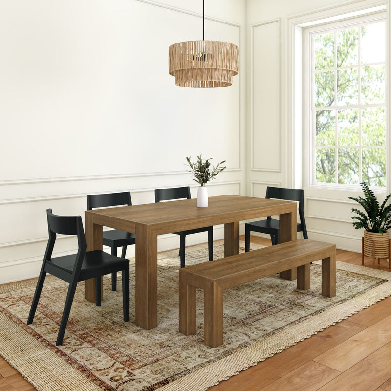 Modern Dining Set with Bench + 4 Chairs Dining Set Plank+Beam Pecan Wirebrush Black 