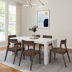 Modern Solid Wood Dining Set with 6 Walnut Chairs Dining Set Plank+Beam White Wirebrush 
