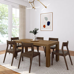 Modern Solid Wood Dining Set with 6 Walnut Chairs Dining Set Plank+Beam Pecan Wirebrush 