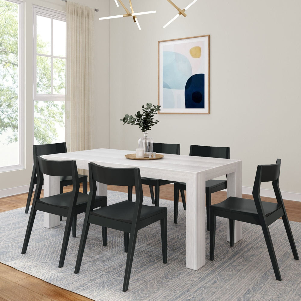 Modern Solid Wood Dining Set with 6 Black Chairs Dining Set Plank+Beam White Wirebrush 