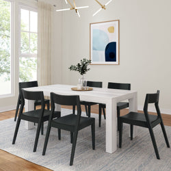 Modern Solid Wood Dining Set with 6 Black Chairs Dining Plank+Beam White Wirebrush 