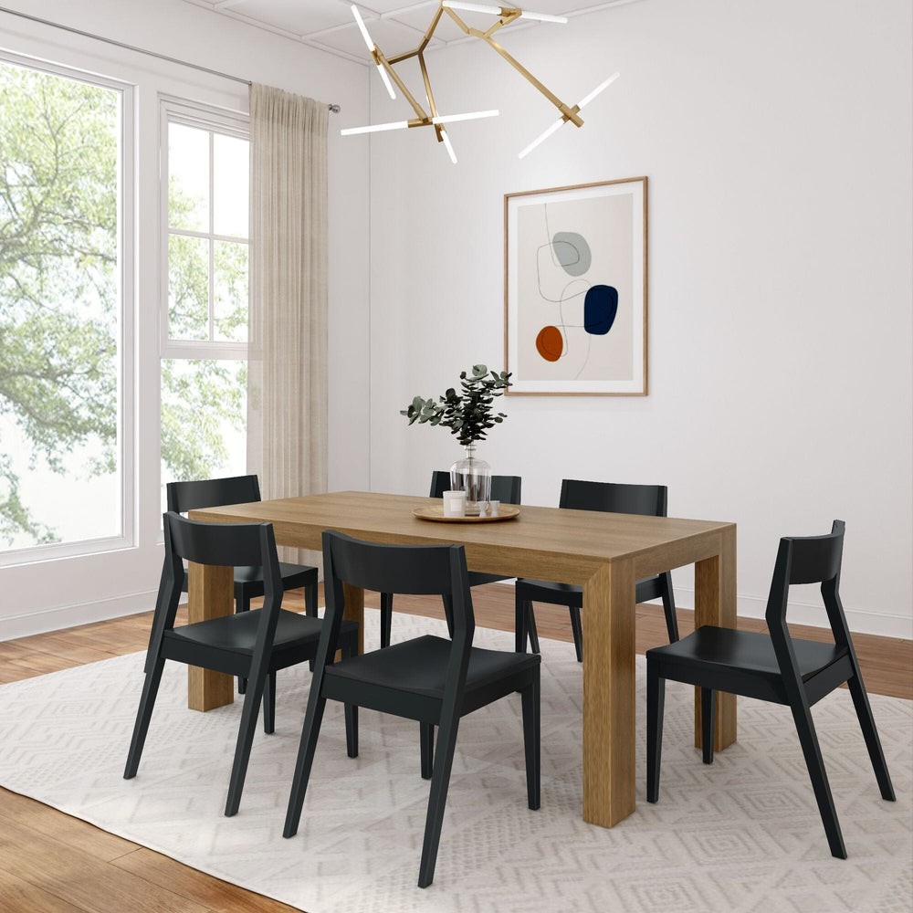 Modern Solid Wood Dining Set with 6 Black Chairs Dining Plank+Beam Pecan Wirebrush 