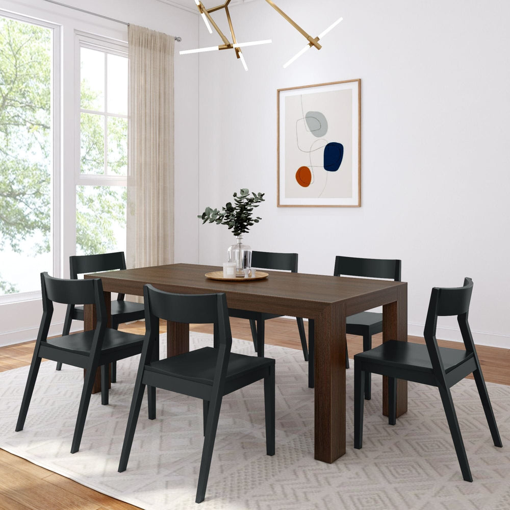 Modern Solid Wood Dining Set with 6 Black Chairs Dining Plank+Beam Walnut Wirebrush 