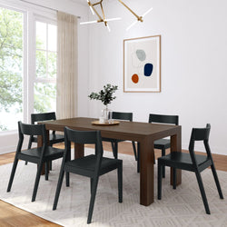 Modern Solid Wood Dining Set with 6 Black Chairs Dining Set Plank+Beam Walnut Wirebrush 