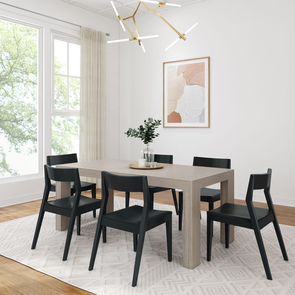 Modern Solid Wood Dining Set with 6 Black Chairs Dining Plank+Beam Seashell Wirebrush 