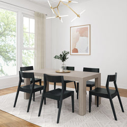 Modern Solid Wood Dining Set with 6 Black Chairs Dining Set Plank+Beam Seashell Wirebrush 