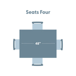 Top-down view of a 48‑inch rectangular dining table with four chairs, labeled "Seats Four" — seating layout and measurements
