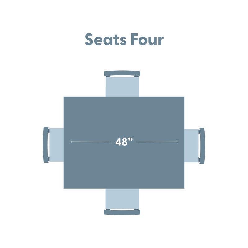 Top-down view of a 48‑inch rectangular dining table with four chairs, labeled "Seats Four" — seating layout and measurements