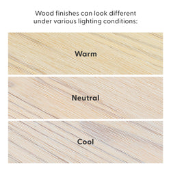 Wood finish samples with visible grain under warm, neutral, and cool lighting, demonstrating how different lighting conditions change wood color and tone for flooring and furniture