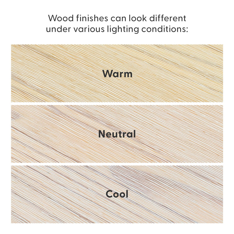 Wood finish samples with visible grain under warm, neutral, and cool lighting, demonstrating how different lighting conditions change wood color and tone for flooring and furniture