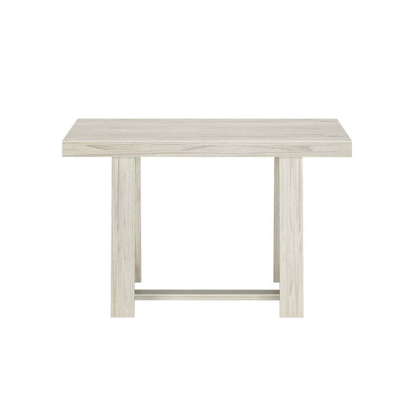 Minimalist light oak wood table top and legs on white background, blank product-display surface
