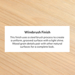 Wirebrush finish wood sample showing diagonal grooved texture and white label explaining steel-brushed process, light shine and wood grain for furniture and flooring.