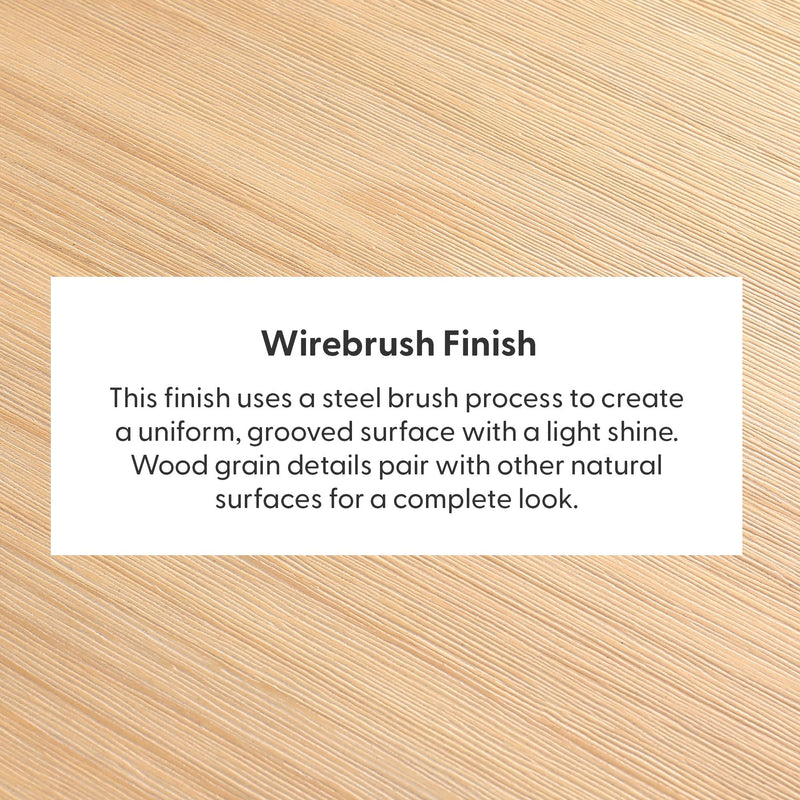 Wirebrush finish wood sample showing diagonal grooved texture and white label explaining steel-brushed process, light shine and wood grain for furniture and flooring.