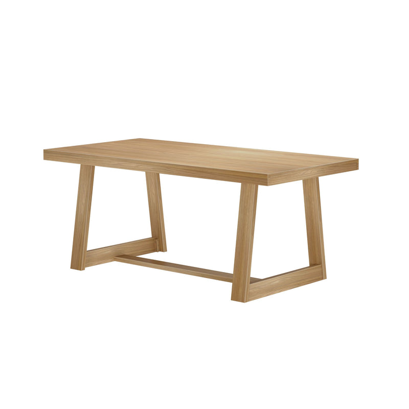 Wooden dining table with a minimalist design and sturdy legs.