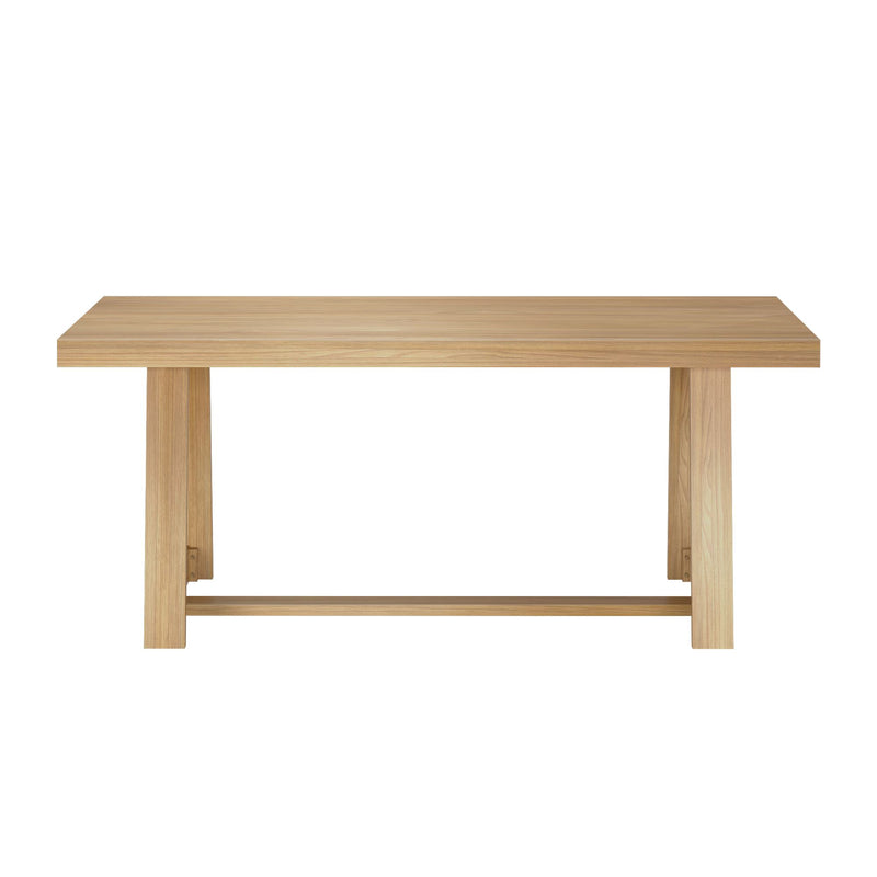 Modern wooden dining table with natural oak finish and minimalist design.