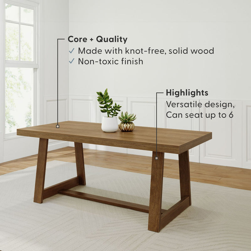 Solid wood dining table with non-toxic finish, versatile design, seats up to six, perfect for modern home décor.