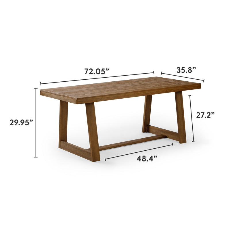 Wooden dining table with measurements: 72.05 inches length, 35.8 inches width, 29.95 inches height, featuring sturdy design and natural finish.