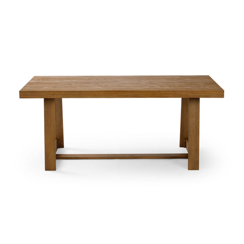 Wooden dining table with sturdy legs and natural finish on a white background.