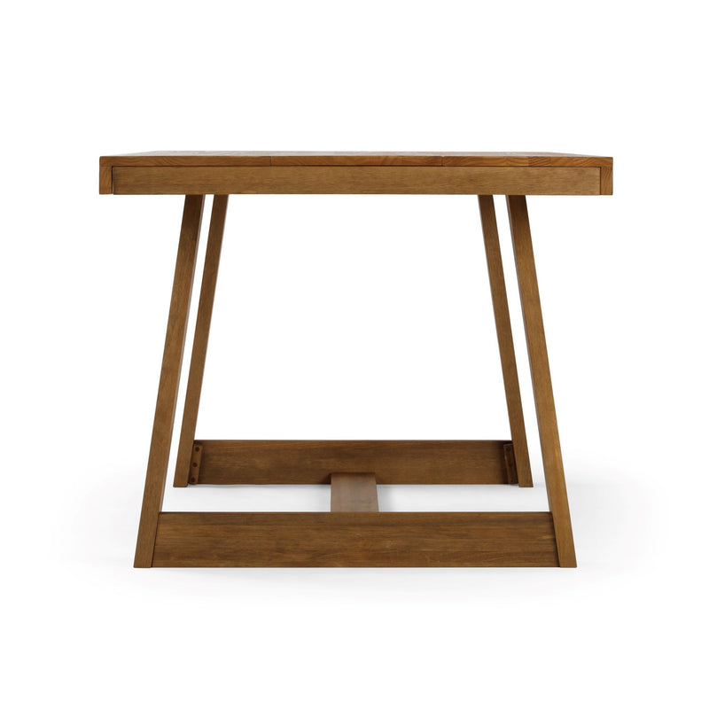Modern wooden desk with sleek design and angled legs.