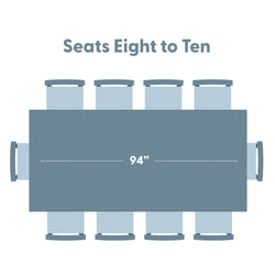 Top-down diagram of a 94-inch rectangular dining table with seating for 8–10 people, showing chair placement and recommended dining room table dimensions.